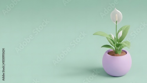 Wallpaper Mural A minimalist white Peace Lily flower with green leaves in a round purple pot on a light green background Torontodigital.ca