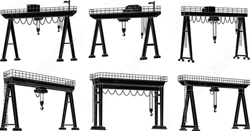 Industrial gantry crane silhouettes collection isolated on white background heavy lifting equipment vector illustration for construction engineering industry projects