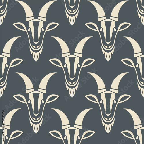 Stylized White Line Art Goat Heads in Repeating Pattern.