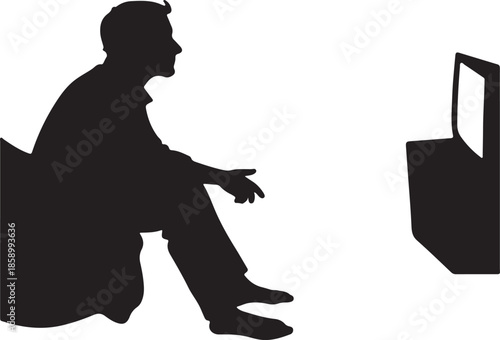 Silhouette of a man sitting watching television screen on white background.