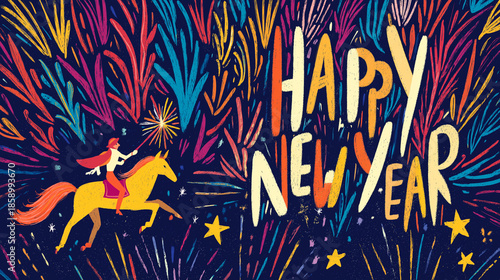 Hand Drawn New Year Celebration with Sparkler Calligraphy: Miniature Rider on Horseback Writing 