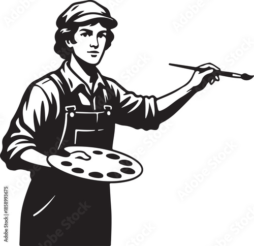 Retro Style Artist with Paintbrush and Palette Black and White Illustration