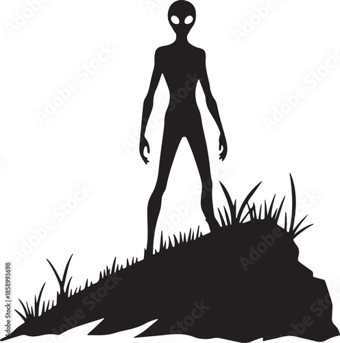 Grey Alien Silhouette Standing on Grass Hill Isolated on White Vector Illustration