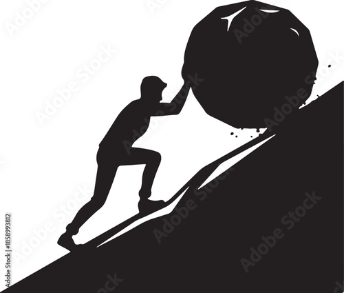 Perseverance and effort silhouette: Man pushing heavy rock up steep hill
