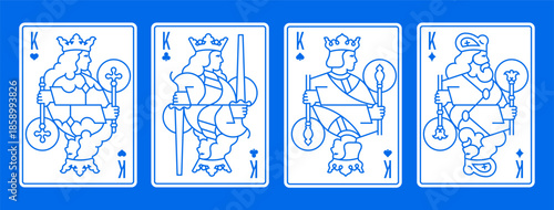 Vector illustration of a set of four King playing cards: Clubs, Diamonds, Hearts, Spades. Elegant and classic design for poker, casino, and entertainment projects.