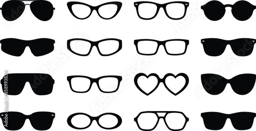 Black silhouette sunglasses and eyeglasses collection, eyewear fashion icons set, optical frames isolated on white background vector illustration