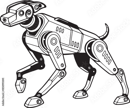 Sci-Fi Robot Dog Bionic Animal Black and White Line Art Illustration