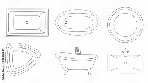 Collection of various bathtub and sink line drawings.
