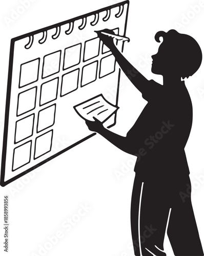 Black silhouette icon of person planning schedule on calendar board