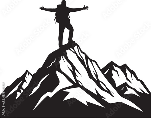Mountain climber silhouette standing triumphantly on peak with arms outstretched