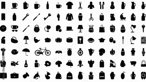 Collection of Various Black Icons Representing Objects and Symbols.