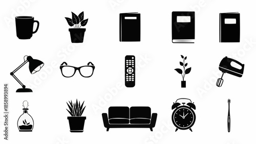 Collection of various black silhouette household items and objects.