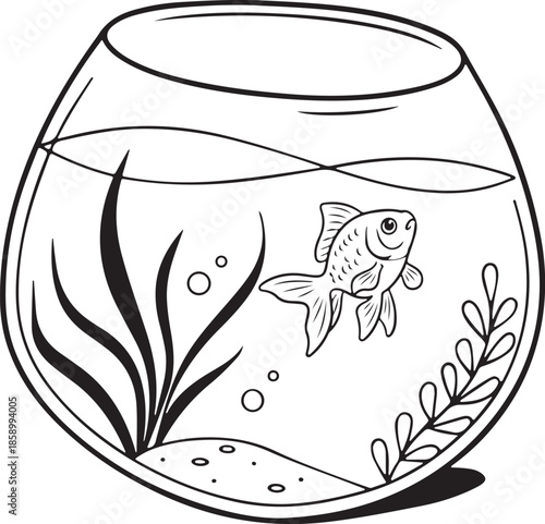 Black and White Goldfish in Glass Fish Bowl Line Drawing Art
