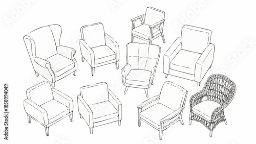Collection of various armchair illustrations in a line drawing style.