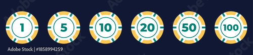 Vector illustration of a poker chip set with different designs and denominations. Flat style, colorful and modern chips for casino, poker, and gambling projects.