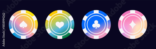 Vector illustration of a poker chip set with different suit symbols instead of denominations. Flat style, colorful chips for casino, poker, and gambling projects.