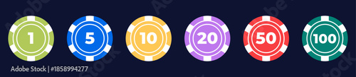Vector illustration of a poker chip set with different designs and denominations. Flat style, colorful and modern chips for casino, poker, and gambling projects.