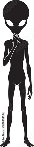 Black Silhouette of Grey Alien Standing and Thinking on White Background