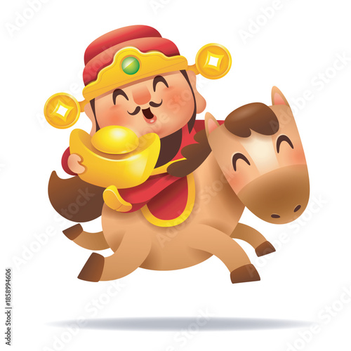 Cute Chinese God of Wealth Riding a Horse