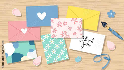 Collection of greeting cards and envelopes with floral and abstract patterns a Thank You card and a fountain pen flat lay on a wooden desk