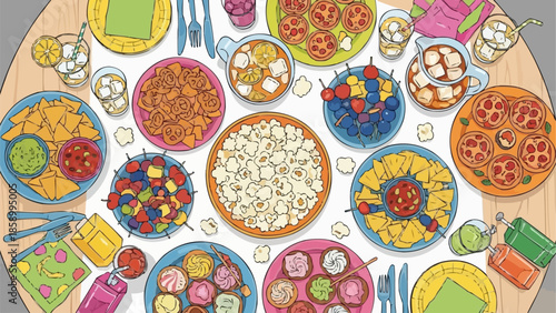 Colorful Overhead View of a Delicious Buffet Table Spread.