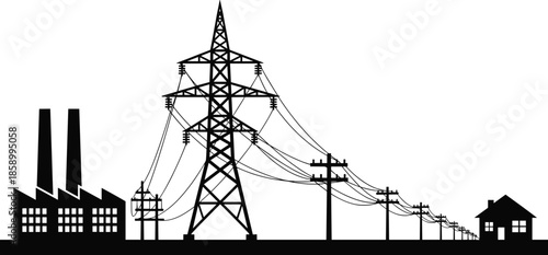Illustrated electrical power distribution system, power plant to home, transmission tower and high-voltage lines, substation transformers, utility poles, residential energy delivery vector