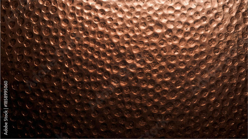 Close-up view of a hammered copper surface with a rich, textured reddish-brown finish, showcasing intricate indentations and reflections.