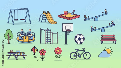 Colorful Playground Equipment and Outdoor Activity Set.