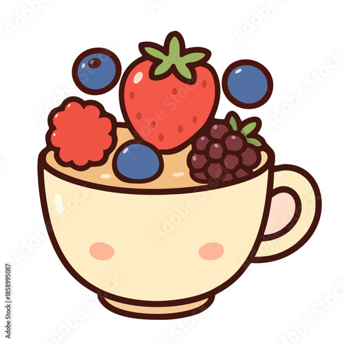 Fruit in a teacup icon: berries floating in a cup, kawaii style, for cafe or dessert designs.