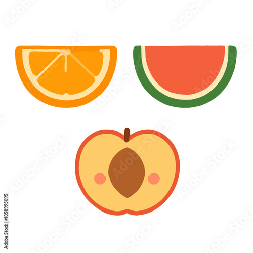 Fruit slice icons with cute faces: smiling orange slice, winking watermelon, and blushing peach half.