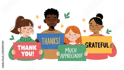 Diverse group of people holding signs with thank you messages expressing gratitude and appreciation perfect for social media and greeting cards