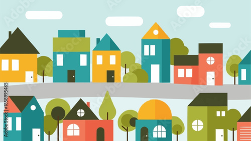 Colorful cartoon houses in a row with trees and sky.