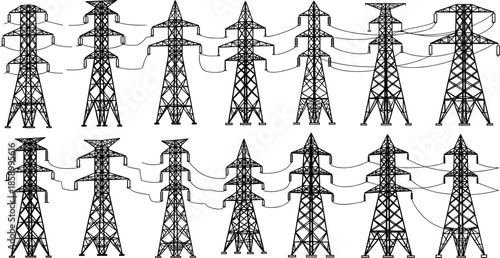 High-voltage transmission towers pattern, power line network illustration, electrical grid infrastructure vector, seamless industrial background, utility poles silhouette, energy distribution design