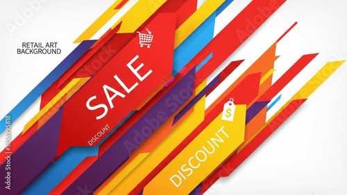 Vibrant Retail Sale Banner with Colorful Abstract Shapes and Discount Labels