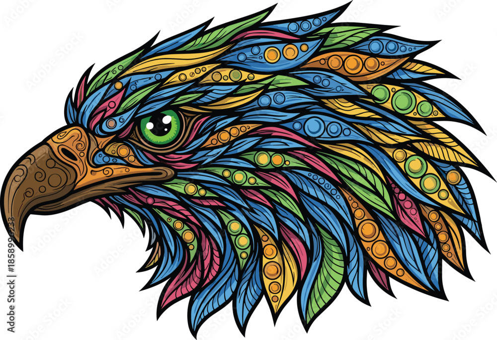 custom made wallpaper toronto digitalColorful abstract eagle head illustration with intricate ornamental feathers, psychedelic bird portrait art, vibrant tribal wildlife design isolated white background