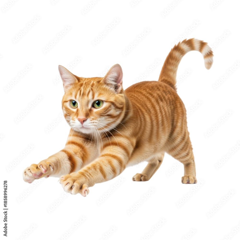 Fototapeta premium Orange tabby cat mid-leap isolated on transparent background