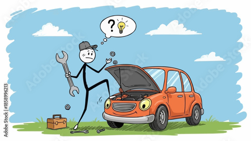 Confused stick figure mechanic with wrench looking at broken car engine.