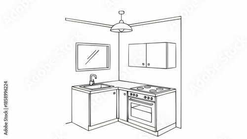 Corner kitchen illustration with sink stove and cabinets.