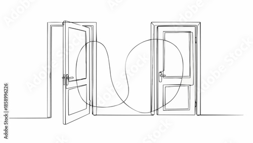 Continuous line drawing of two doors connected by a single line.