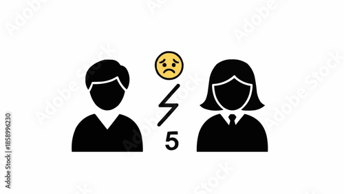 Couple arguing with sad face icon and lightning bolt symbol.