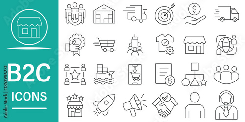 B2C icon set. 24 minimal line icons in black. Consumer, marketing business, advantage, communications, feedback and more. Flat vector style.