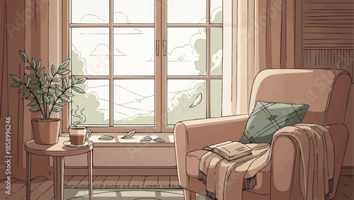 Cozy armchair by the window with a plant and book.