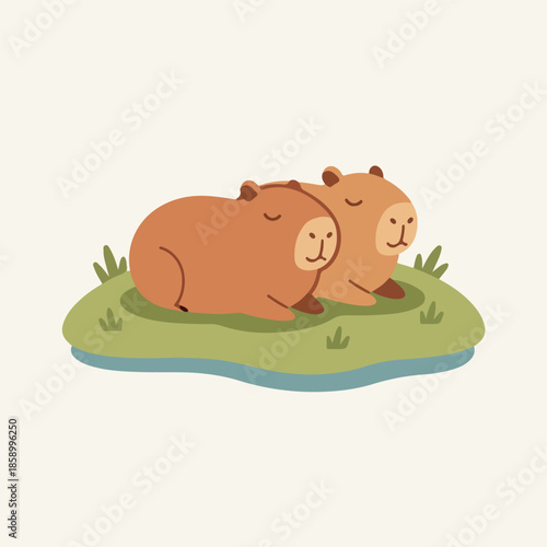 Two Adorable Capybaras Resting Peacefully Side by Side.