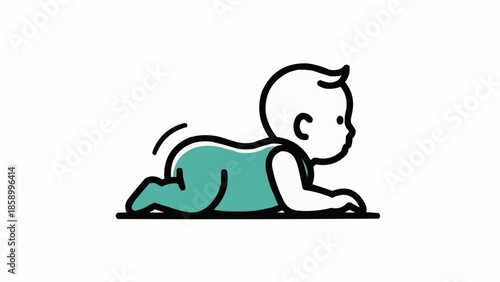 Cute baby crawling on floor wearing teal romper.