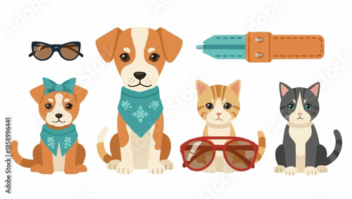 Cute cartoon dogs and cats with accessories like sunglasses and bandanas.
