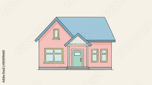 Cute cartoon pink house with blue roof and white trim.