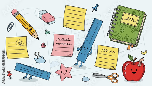 Cute cartoon school supplies and stationery items with faces.