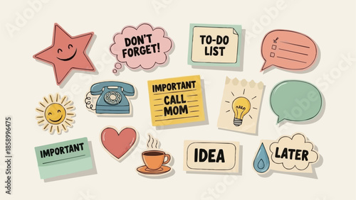 Cute Cartoon Style Sticky Notes and Reminder Icons Collection.