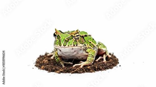 Close-up of a vibrant green Pacman frog on a small mound of soil, isolated on a white background, showcasing its unique patterns and texture.