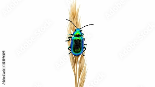 Close-up of a vibrant metallic green beetle perched on a dry plant stem.